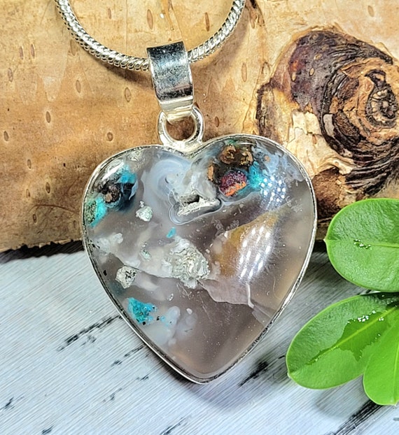 Chrysocolla Copper Heart Pendant: Chalcedony Sterling Silver Statement Jewelry