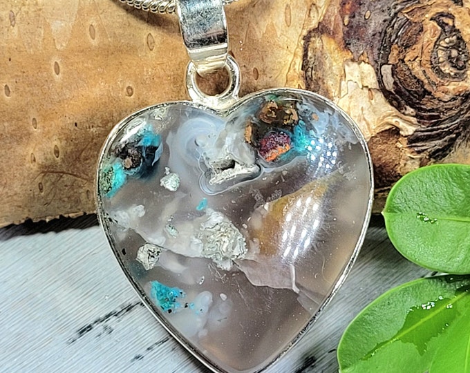 Chalcedony, Chrysocolla, Native Copper Pendant, Chrysocolla Copper Heart, Chalcedony Pendant, Statement Pendant, Gift for Her, FK02