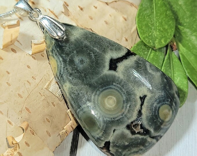 Natural Top Grade Ocean Jasper Cabochon .925 Sterling Silver Pendant 2" x 1" ET20 Custom Fit Sterling Silver Bail