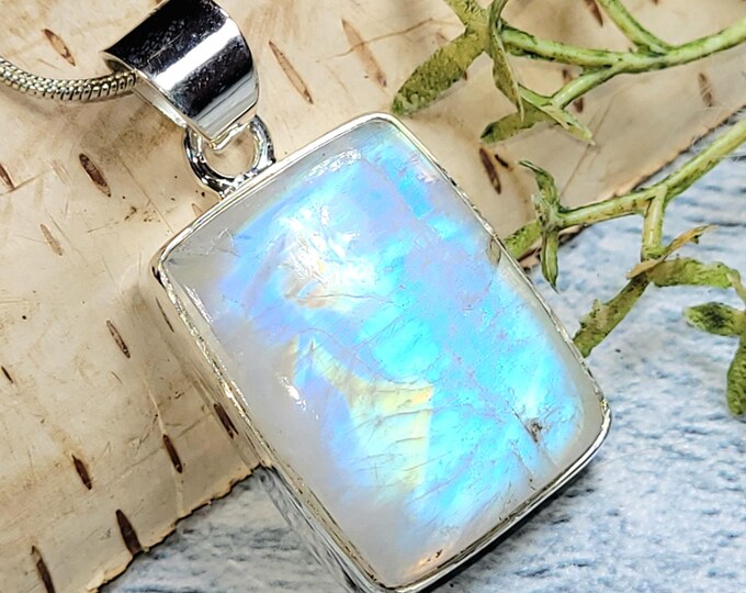 Moonstone Pendant, Moonstone Rectangle Sterling Silver Pendant, Multi Flash Moonstone Pendant, Gift for Her, Handmade Pendant, JB22