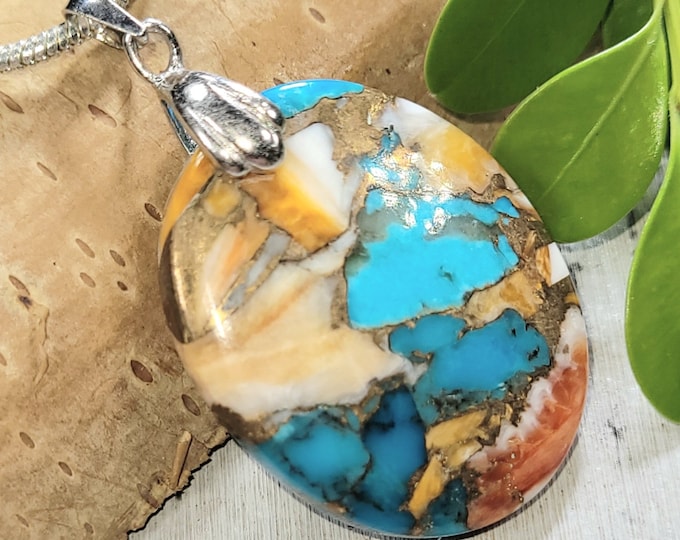 Kingman Turquoise Pendant: Spiny Copper .925 Sterling Silver, Rhodium Bail