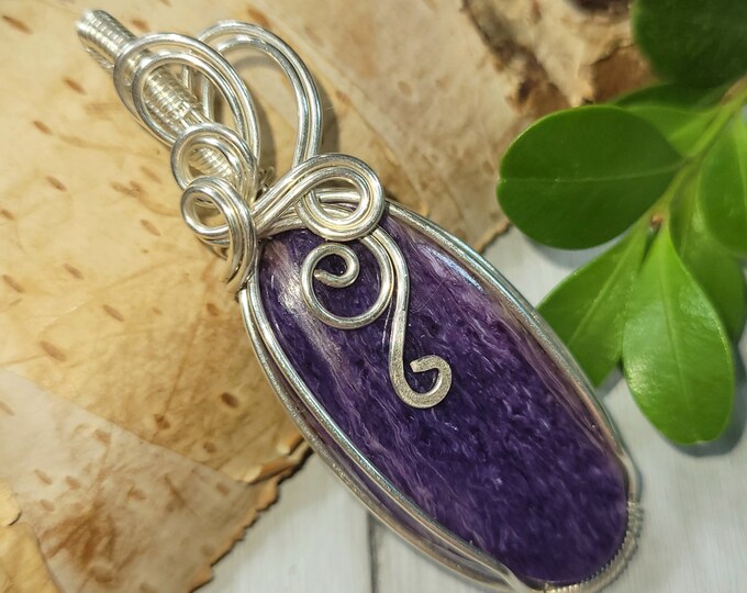 Natural AAA Grade Charoite Hand Wrapped .925 Sterling Silver Pendant 2 1/8" x  3/4" 10 Grams CP24 Handmade Wrapped Solid Sterling Silver