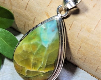 Natural Blue Opalized Wood Cabochon Handmade .925 Sterling Silver Pendant . Blue Opalized Petrified Wood Opal Pendant. blue opal pedant