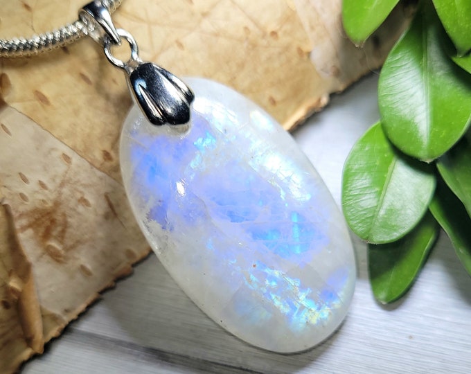 Natural High Quality Rainbow Moonstone Oval Cabochon .925 Sterling Silver Pendant 1 11/16" x 3/4" CL20 Rhodium Plated Sterling Silver Bail