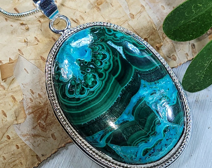 Natural AAA Malachite Chrysocolla Handmade .925 Sterling Silver Pendant Weighs 18 Grams Measures 2 3/16" x 1 1/8" CS03 Gift For Her