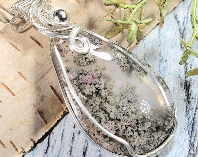 Wire Wrapped Moss Agate Sterling Silver Pendant: Handmade Statement Jewelry