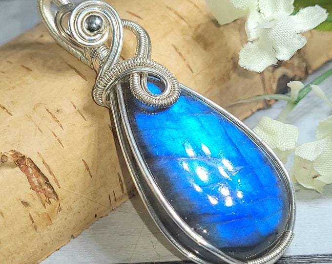 Natural Premium AAA Blue Labradorite Hand Wrapped .925 Sterling Silver Pendant 2 3/8" x 7/8" 13 Grams DB19 Handmade