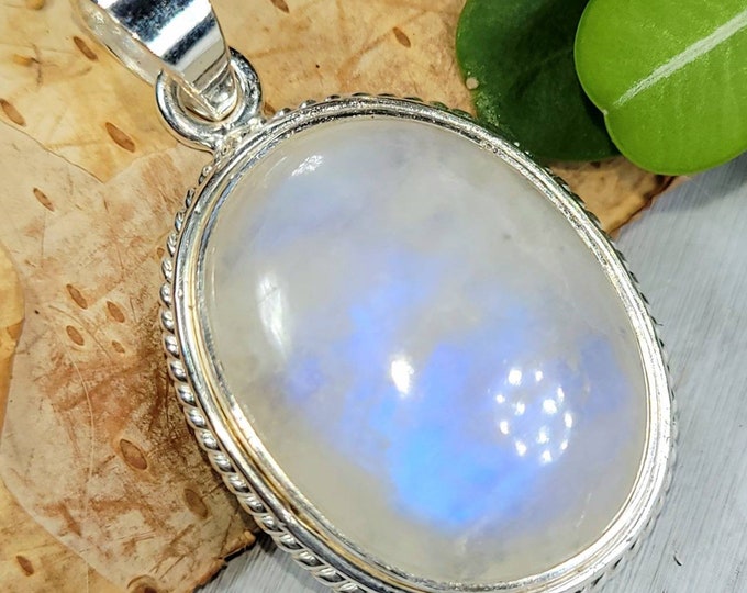 Natural Premium Grade Blue Flash Rainbow Moonstone Oval Handmade .925 Sterling Silver Pendant 1 7/8" x 1" 11 Grams DC30