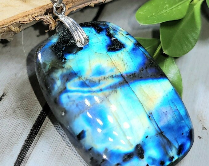 Natural Top Grade Blue Flash Labradorite Rectangle Cabochon  .925 Sterling Silver Pendant 2" x 1" EP05 Sterling Silver Bail