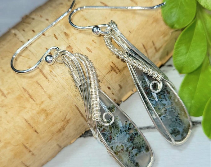Moss Agate Earrings, Moss Agate Wire Wrapped Earrings, Sterling Silver Wire Wrapped Earrings, Green Moss Agate Wire Wrap Earrings FA07