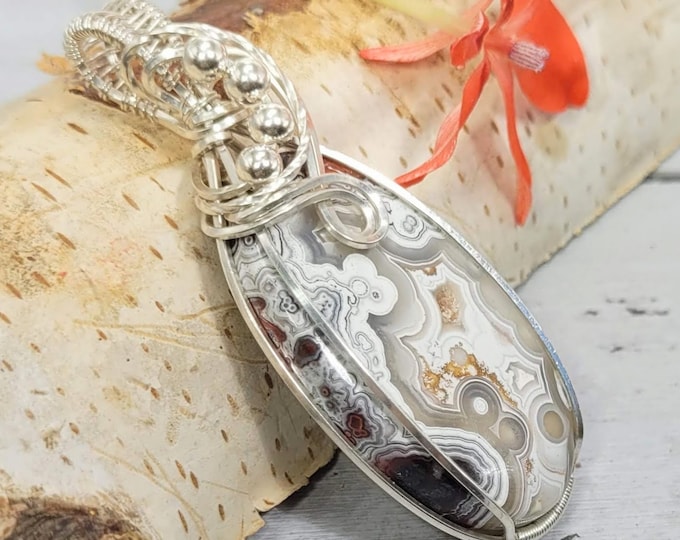 Natural Crazy Lace Agate Pear Wire Wrapped .925 Silver Pendant, Sterling Silver Wire Wrapped Pendants, Handmade Stone Jewelry FD18