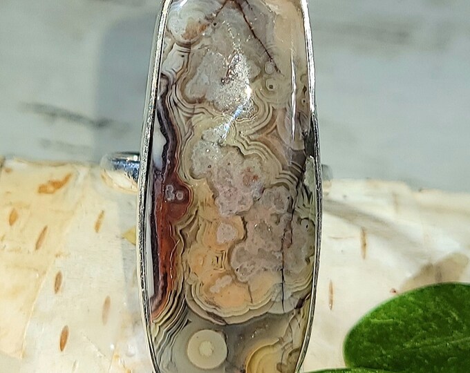 Natural High Grade Crazy Lace Agate .925 Sterling Silver Ring Size 6.5 9 Grams 1 1/4" x 1/2" EW29