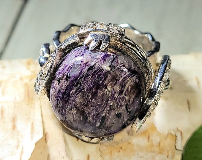 Natural High Quality Charoite & Clear Zircon .925 Sterling Silver Ring Size 7 16 Grams 3/4" x 7/8" F18