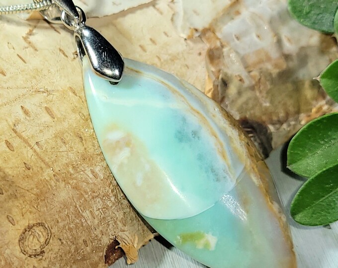 Natural Blue Opalized Wood Cabochon Handmade .925 Sterling Silver Pendant . Blue Opalized Petrified Wood Opal Pendant. blue opal pedant