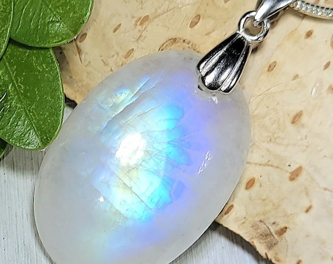 Natural High Grade Moonstone Oval Cabochon .925 Sterling Silver Pendant 1 9/16" x 11/16" EX31 Sterling Silver Rhodium Plated  Bail