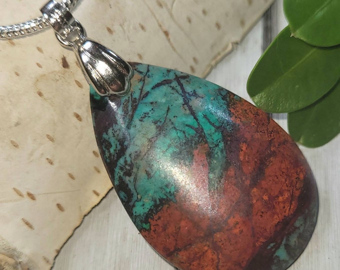 Natural Rare Premium Sonora Jasper Pear Cabochon .925 Sterling Silver Pendant 1 7/8" 7/8" CU01 Rhodium Plated Solid Sterling Silver Bail