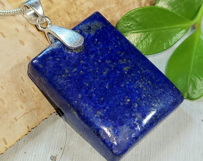 Natural High Grade Lapis Rectangle Cabochon  .925 Sterling Silver Pendant 60ct 1 5/8" x 7/8" CJ16 Heavy Duty Sterling Silver Bail Gift