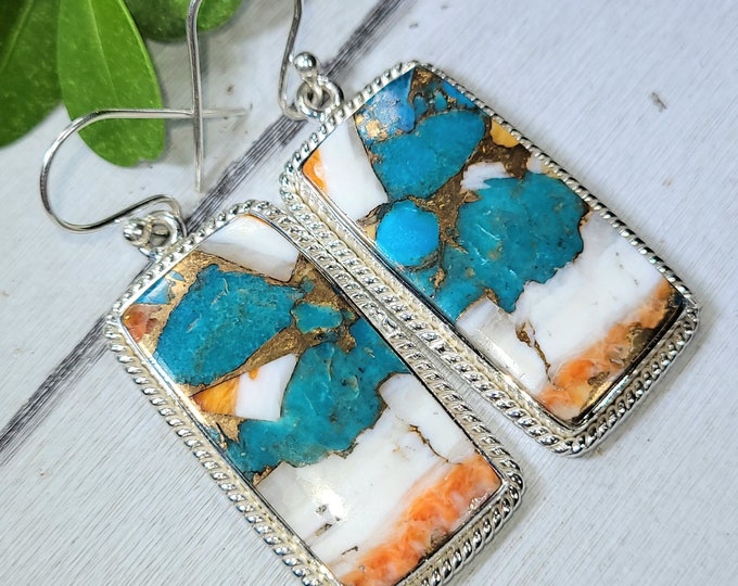 Natural Top Quality Color Spiny Oyster Turquoise Oval .925 Sterling Silver Earrings 16 Grams 1 1/4" x 5/8"  BA13 Genuine Stones Gift for Her