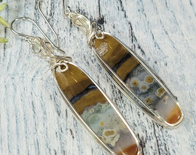Multi Color Opalized Earrings, Opalized Sterling Silver Wire Wrapped Earrings, Petrified Wood Earrings, Handmade Earrings, Gift for Her JF04