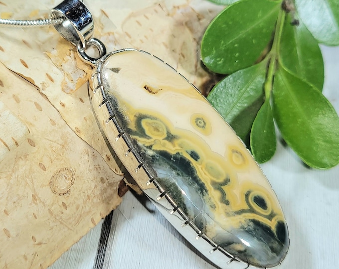 Natural Top Grade Ocean Jasper Handmade .925 Sterling Silver Pendant 2 1/4" x 3/4" 11 Grams AB28