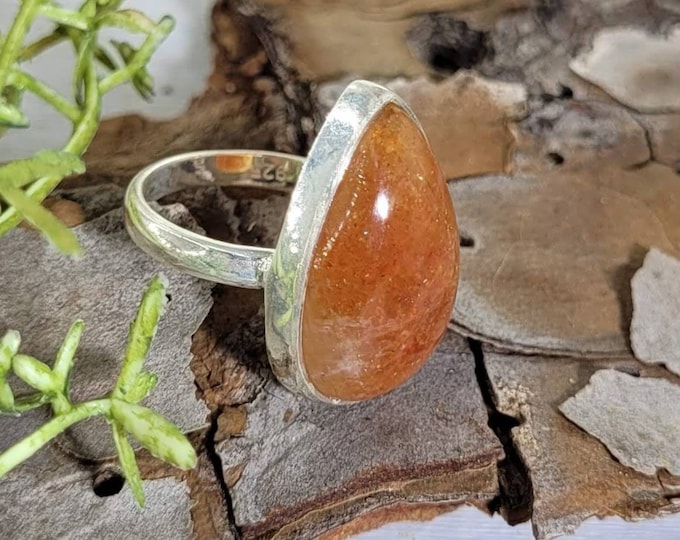 Natural Handmade Pear Sunstone .925 Sterling Silver Ring Size 6.5 Genuine Stone CY