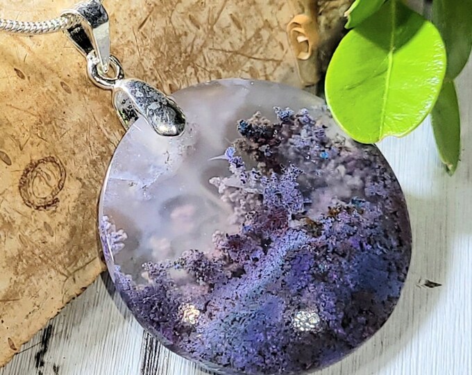 Natural Premium Grade Plume Purple Moss Agate Cabochon .925 Sterling Silver Pendant 1 1/2" x 1" CD02 Sterling Silver Bail