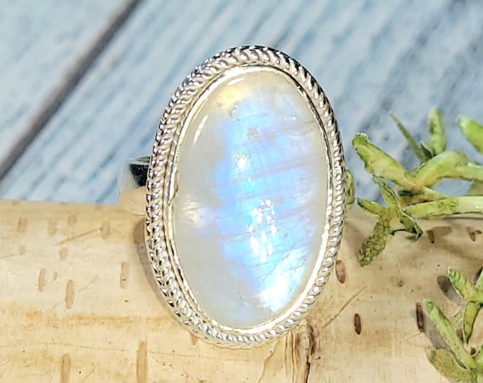 Rainbow Moonstone Ring, Moonstone Ring, Sterling Silver Moonstone Ring, Moonstone Ring Size 7.25, Statement Ring, Boho Ring, JC