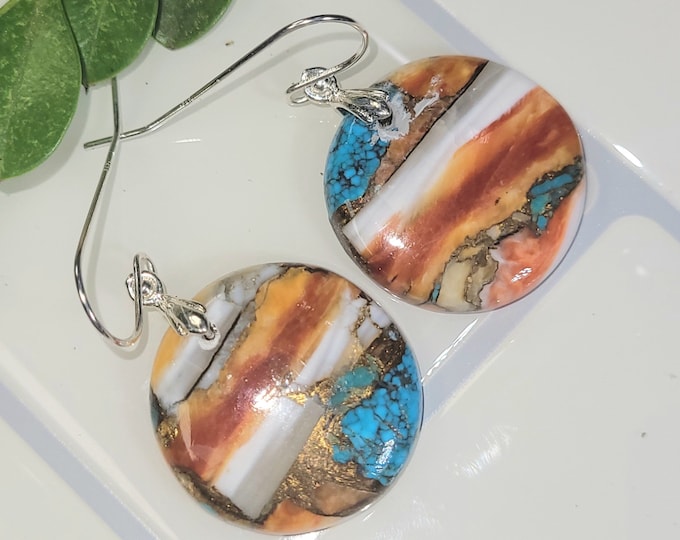 Natural Top Quality Color Spiny Oyster Turquoise Oval .925 Sterling Silver Earrings 9.4 Grams 1 1/2" x 15/16" GD08, Gift for Her