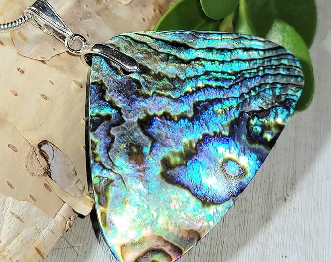 Natural High Grade Abalone Cabochon .925 Sterling Silver Pendant Custom Fit Bail 1 1/2" x 1 5/8" EU27