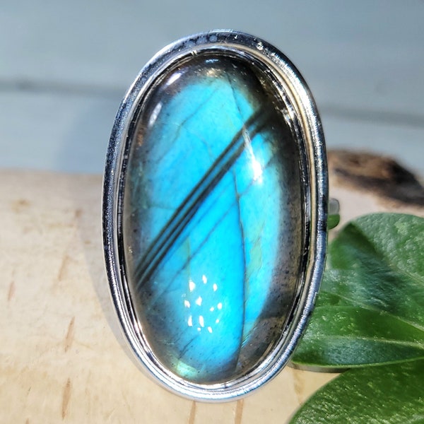 Natural High Grade Blue Flash Oval Labradorite Handmade .925 Sterling Silver Ring Size 7 Full Blue Flash Great Gift for Her