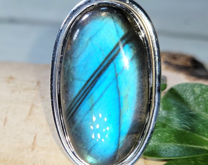 Natural High Grade Blue Flash Oval Labradorite Handmade .925 Sterling Silver Ring Size 7 Full Blue Flash Great Gift for Her