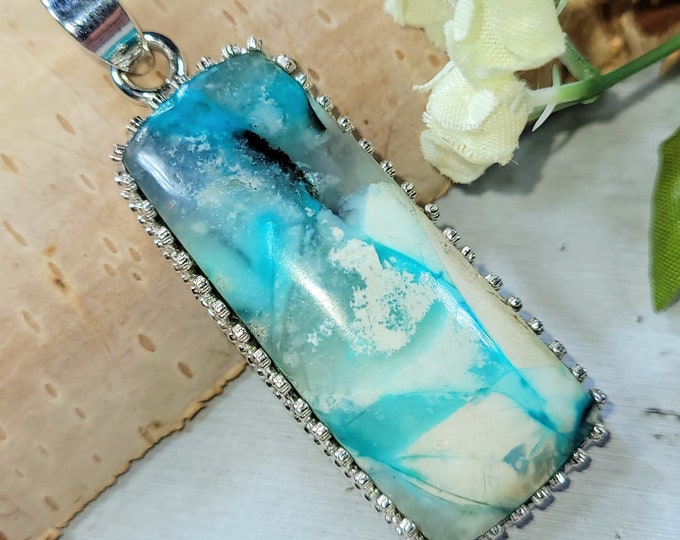Blue Opal Pendant, Petrified Wood Pendant, .925 Sterling Silver Blue Opalized Petrified Pendant, Sterling Silver Blue Opal Pendant