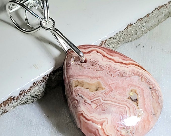 Natural High Grade Rhodochrosite Pear Cabochon  .925 Sterling Silver Pendant 2" x 1" EC21 Sterling Silver Designer Bail