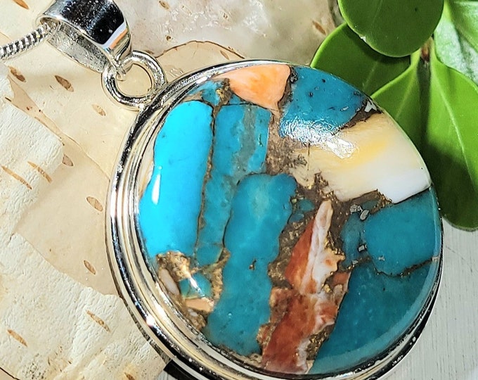 Natural High Grade Spiny Oyster Turquoise Handmade .925 Sterling Silver Pendant 1 5/8" x 1 1/8" 10 Grams EN24