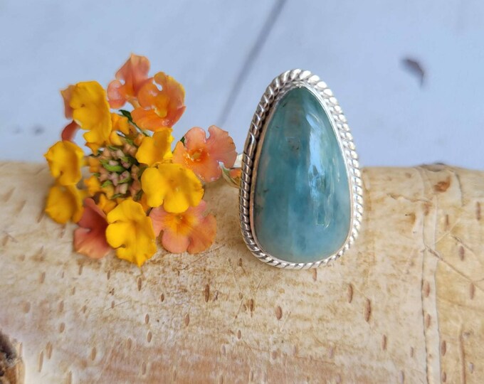 Natural Aquamarine Sterling Silver Ring, Aquamarine Boho Ring, Statement Ring; Handmade Ring, Premium Quality Aquamarine Ring Size 6