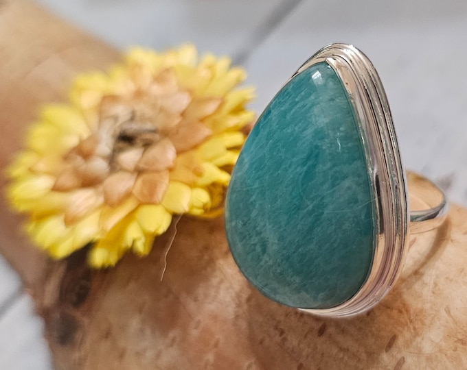 Amazonite Sterling Silver Ring Size 9 Gift for Her, Handmade Ring, Statement Ring FV05