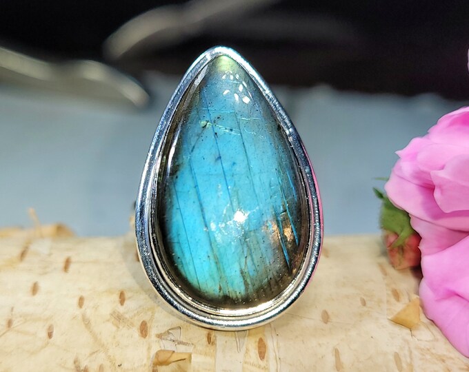 Natural Premium Grade Blue Flash Pear Labradorite Handmade .925 Sterling Silver Ring Size 6.5 Genuine Blue Lab Gift for Her