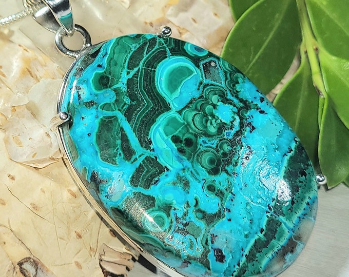 Natural AAA Malachite Chrysocolla .925 Sterling Silver Pendant 15 Grams 2" x 1 1/8" EU05