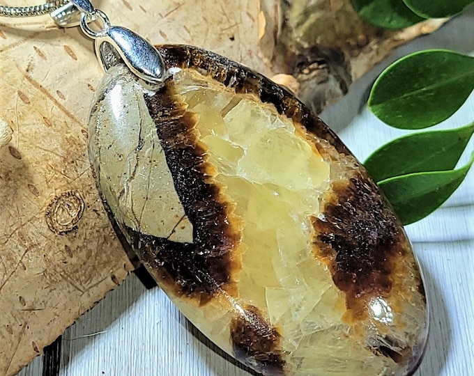Natural High Grade Yellow Septarian Oval Cabochon .925 Sterling Silver Pendant 2 1/4" x 1" AR11 Sterling Silver Bail