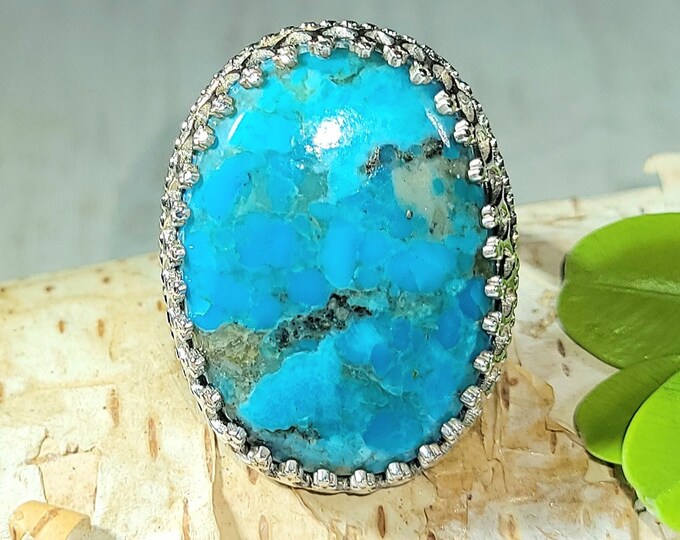 Natural AAA Arizona Kingman Turquoise .925 Sterling Silver Crown Prong Ring Size 8.5 Weighs 8 Grams Face Measures 1" x 7/8" AH29