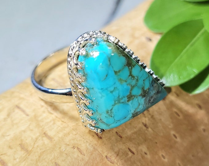 Turquoise Ring, Kingman Turquoise Ring, Turquoise Sterling Silver Size 7.25, Gift for Her, Boho Ring, Statement Ring, Handmade Ring, FU12