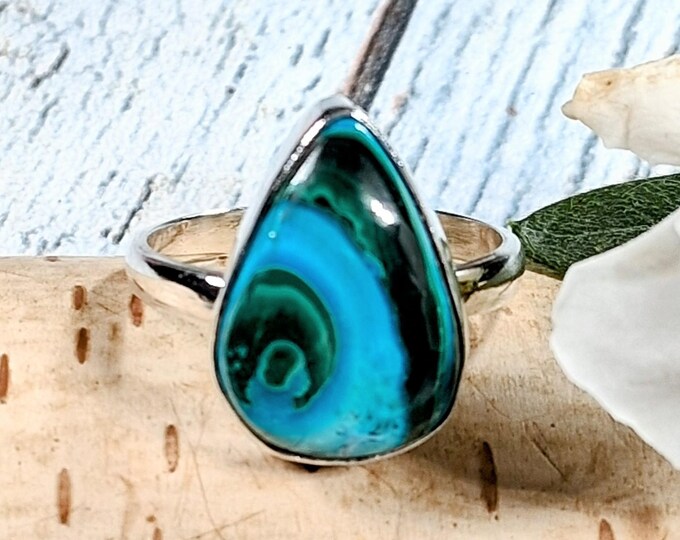 Handmade Premium Grade Chrysocolla Malachite Sterling Silver Ring - Size 8