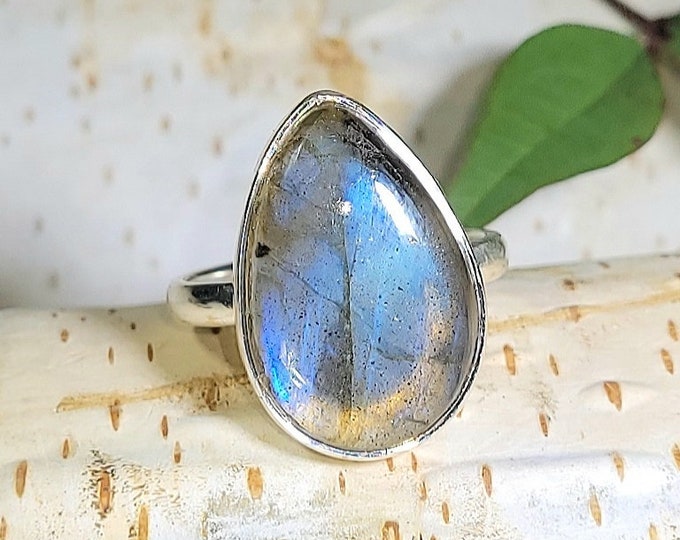 Natural Blue Flash Labradorite .925 Sterling Silver Ring Size 6.5 5 Grams 3/4" x 9/16" EF35