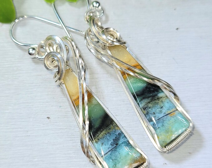 Blue Opalized Earrings, Opalized Sterling Silver Wire Wrapped Earrings, Petrified Wood Earrings, Hand Wrapped Earrings, Gift for Her FA02