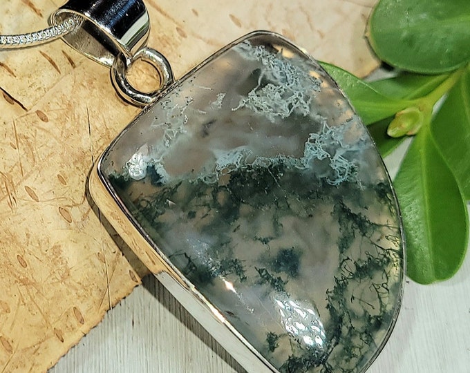 Natural High Quality Green Moss Agate Freeform Handmade .925 Sterling Silver Pendant 1 3/4" x 1" 9 Grams AP34