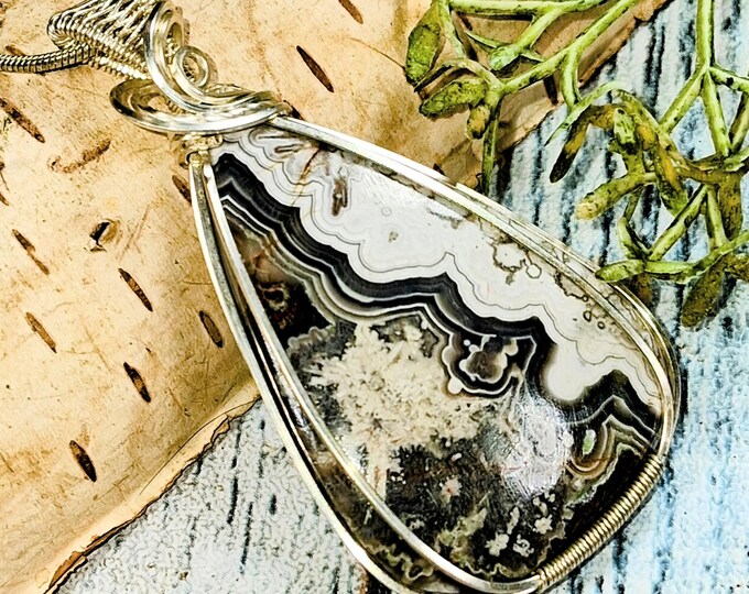 Crazy Lace Agate Sterling Silver Pendant: Pear Wire Wrapped Jewelry; KB27