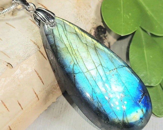Natural High Grade Full Flash Labradorite Cabochon .925 Sterling Silver Pendant 2 1/8" x 13/16" EP16 Sterling Silver Rhodium Plated Bail