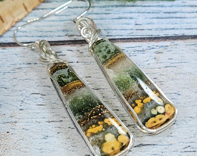Handmade Ocean Jasper Sterling Silver Earrings: Wire Wrapped Gemstone HC53