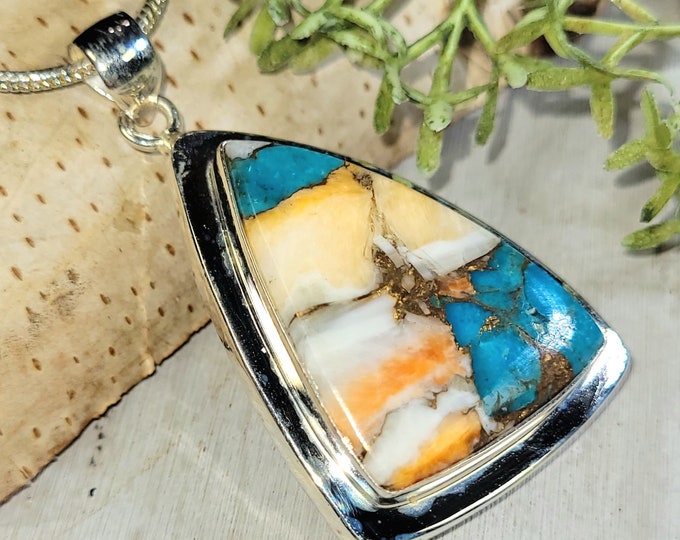 Spiny Oyster Turquoise Pendant, Spiny Oyster Turquoise w/copper, Sterling Silver Pendant, Spiny turquoise pendant, Handmade Pendant HJ42