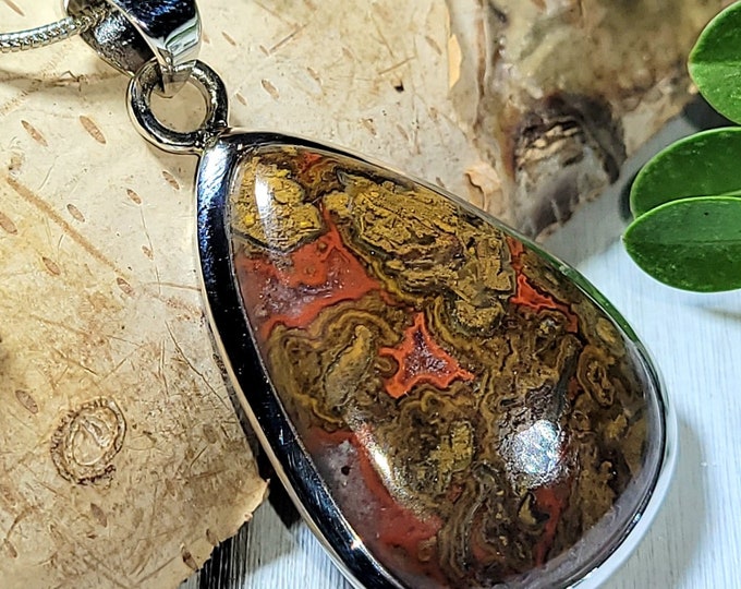 Natural Choice Grade Colorful Seam Agate Pear Handmade .925 Sterling Silver Pendant 1 3/4" x 1" 10 Grams AR18